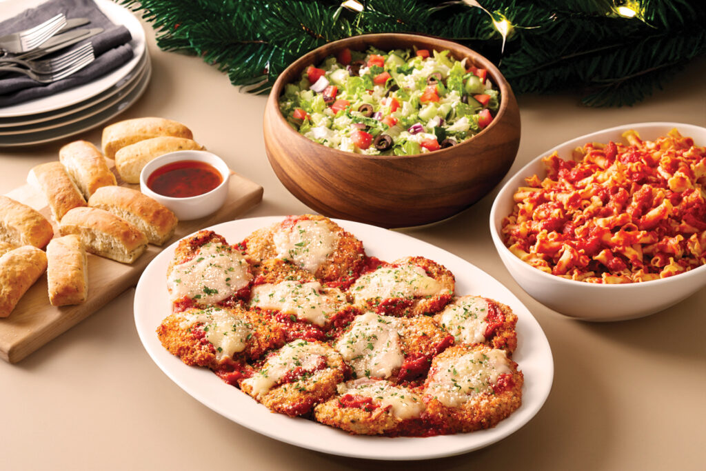 A spread of catering dishes from Bravo's holiday catering menu