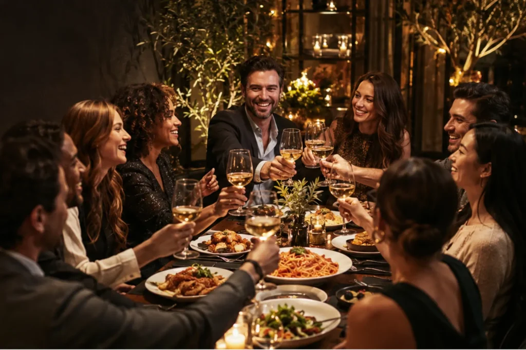 Group of guests raising glasses over an Italian dinner at Bravo during a holiday gathering.