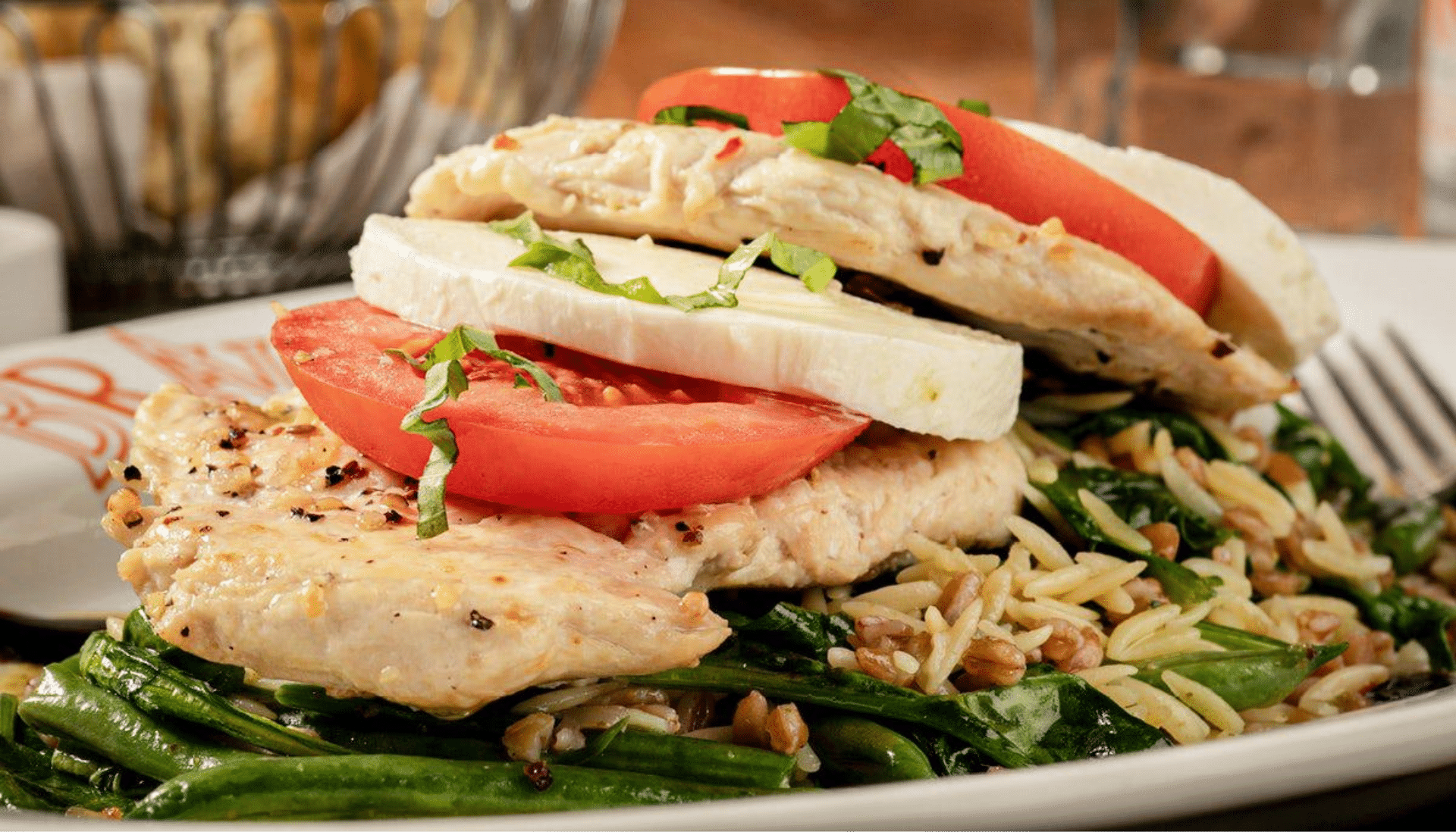 Closeup of Bravo's chicken caprese on a plate