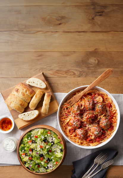 Spaghetti & Meatballs, Chopped Salad, and bread from Bravo